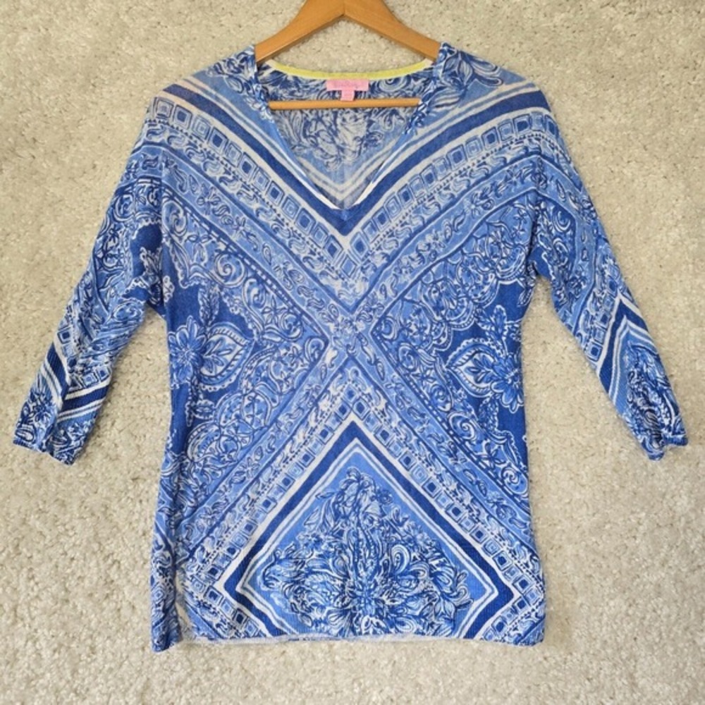 Lilly Pulitzer Linen Knit Sweater Women XS/S Blue Paisley V-Neck Coastal Preppy